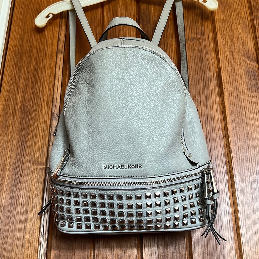 Michael Kors light grey medium size studded backpack